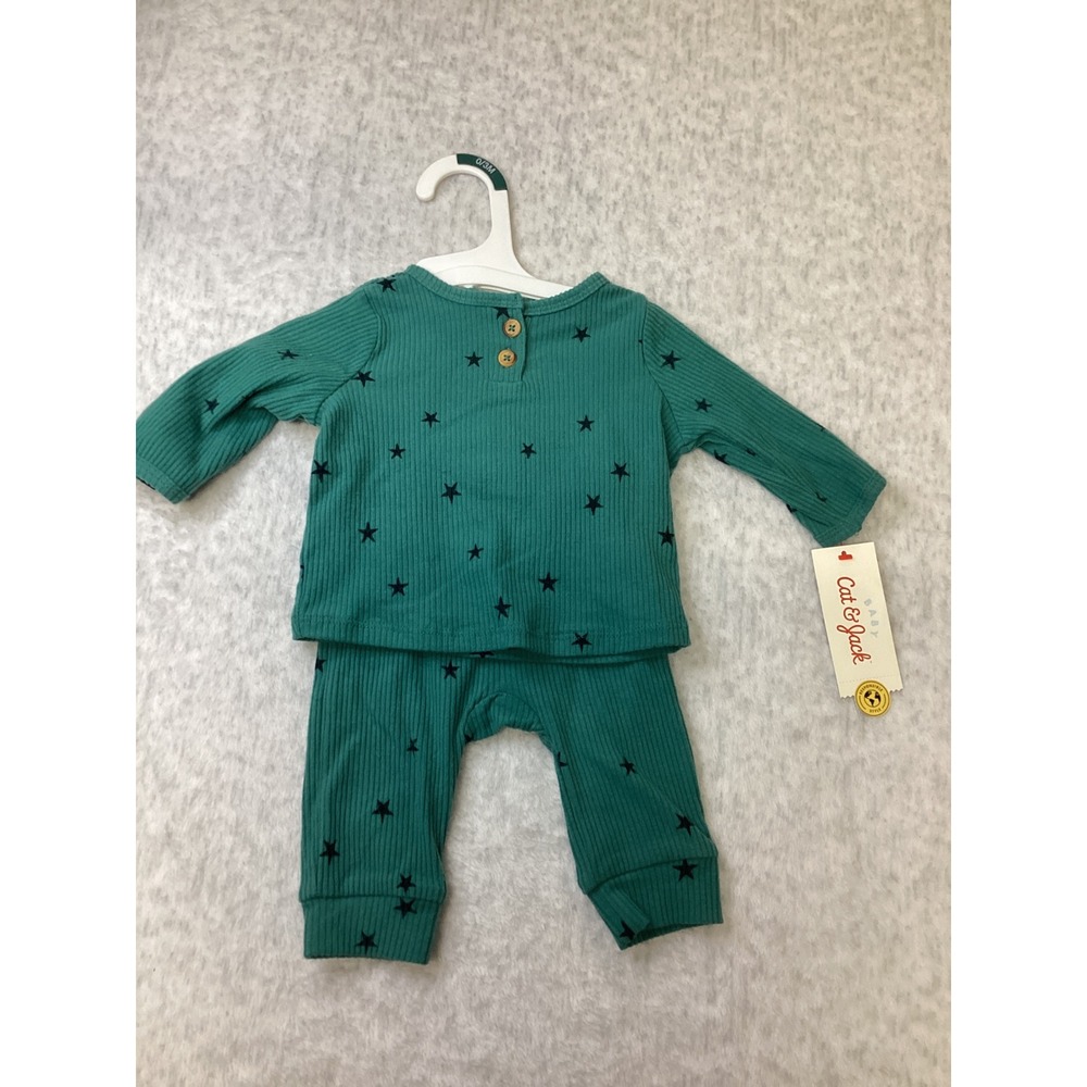 Cat & Jack Baby 0-3M Dark Green Ribbed Star Print 2pc Top and Pants Set‎ NEW